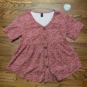Red & White Floral Peplum Blouse Short Sleeve Flowy Relaxed Fit EUC Size Small